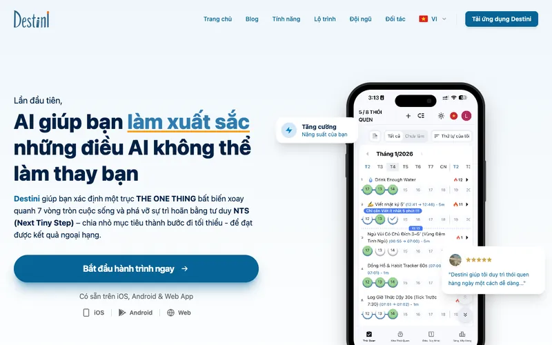 Trang giới thiệu Destini với hình điện thoại hiện danh sách thói quen